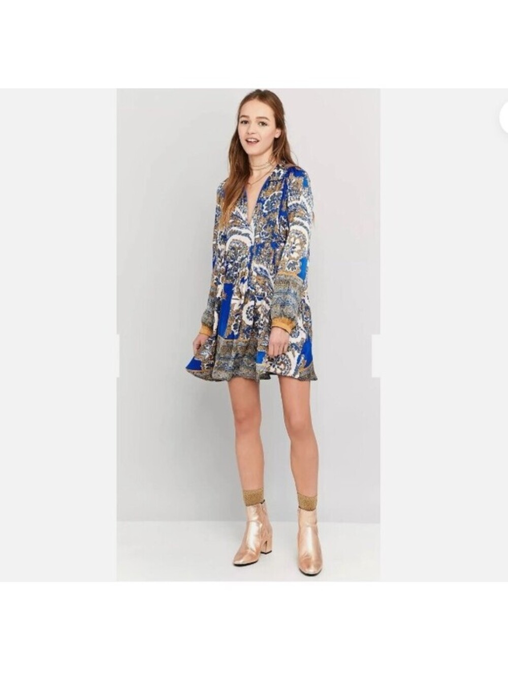 NWT Free People say you love me mini dress size medium blue/gold  boho Medium